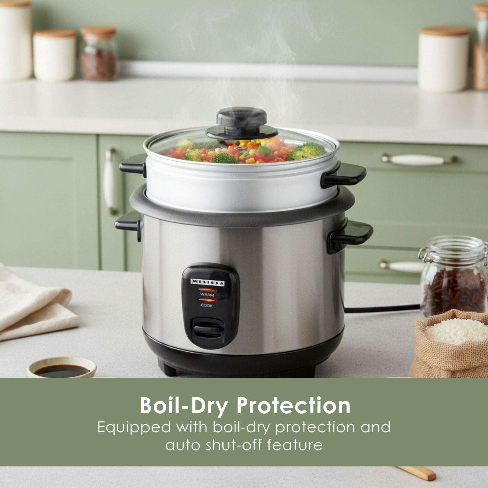 MELISSA 1L Rice Cooker with Keep-Warm Function & Boil Dry Protection, 500W, for 1-6 People, Quick Preparation Without Burning, Non-Stick Coating, Stainless Steel