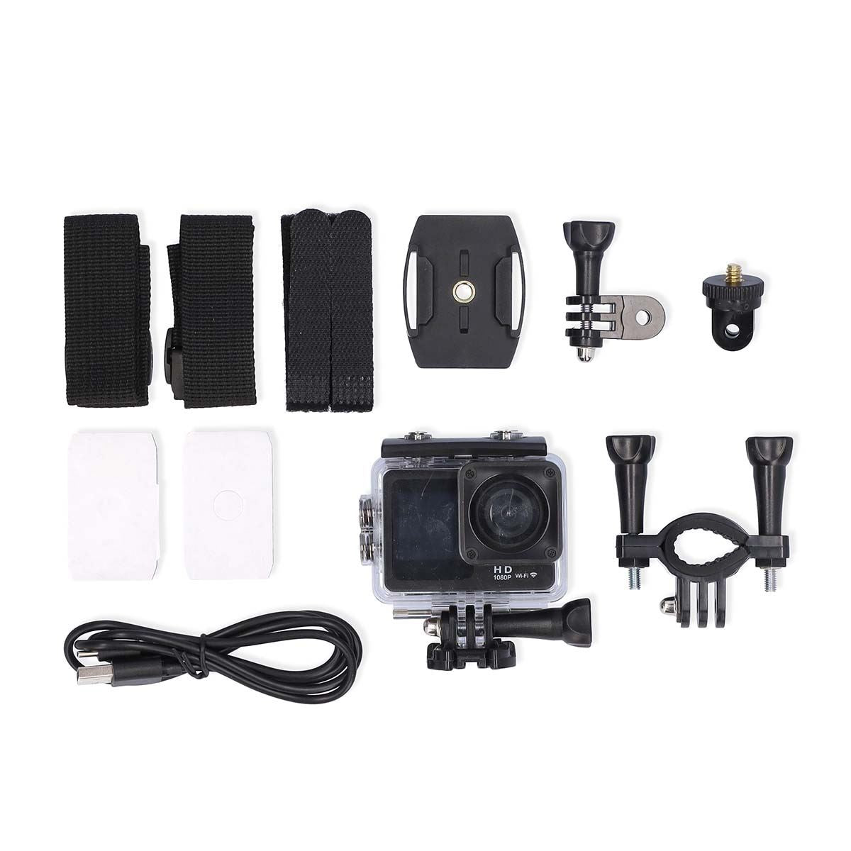 Nedis Dual Screen Wi-Fi Action Cam, 1080p 30fps HD Video, 12MP Photos, 2" TFT Back Screen 1.3" Front Screen, Waterproof 30m, Burst Mode, Loop Recording