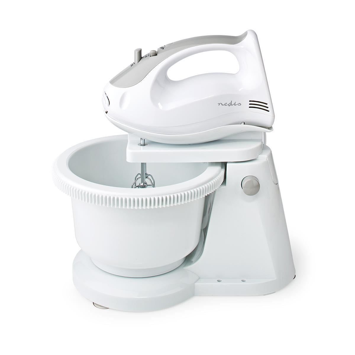 Nedis Electric Hand Mixer, 5 Speed with Turbo Button, with 2L Turning Bowl, Stainless Steel Beaters and Dough Hooks, 200W - White