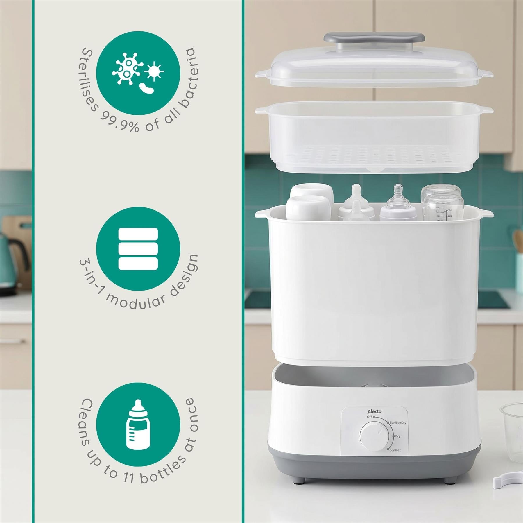 Alecto Premium Baby Bottle Steriliser and Dryer, Removes 99.9% of Bacteria, Chemical Free, Capacity 11 Bottles/Teats/Accessories | BF55