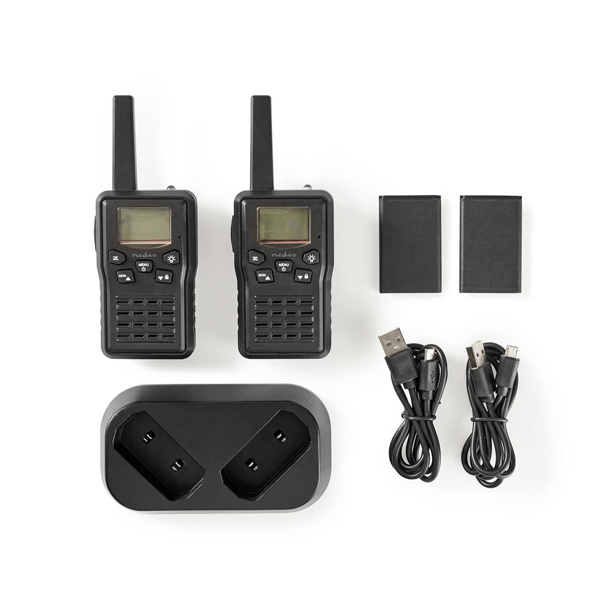 Nedis Walkie Talkies for Adults Long Range Two Way Radios - PMR Walky Talky PTT VOX Easy to Use 8 Ch | 10km | 6 Hour | Charge Base| Black