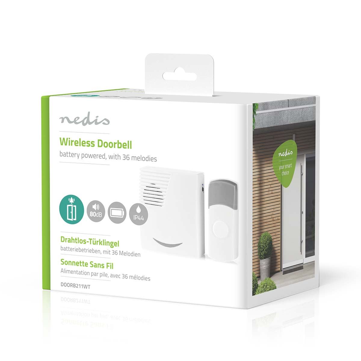 Nedis Wireless Doorbell, Battery Powered Cordless Door Chime Kit with 100m Range, 36 Chimes, LED and 80dB Volume - White