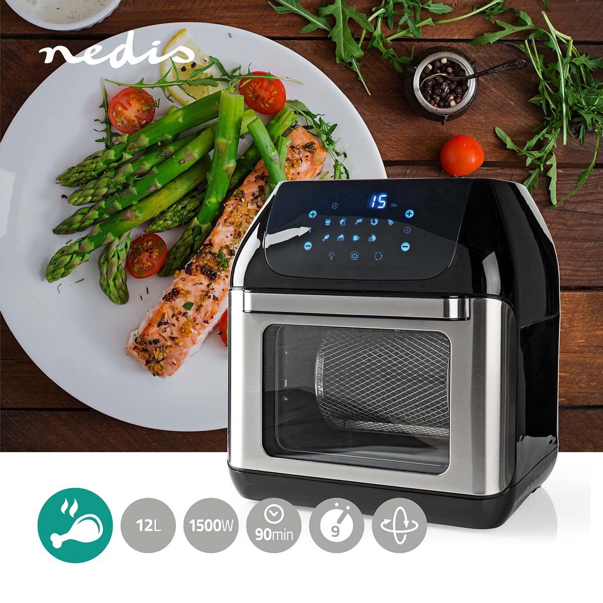 Nedis 12L Hot Air Fryer Mini Oven XXL Multifunctional 9-in-1 with Rotisserie, 9 Pre-Set Programmes, & Timer, 1500W