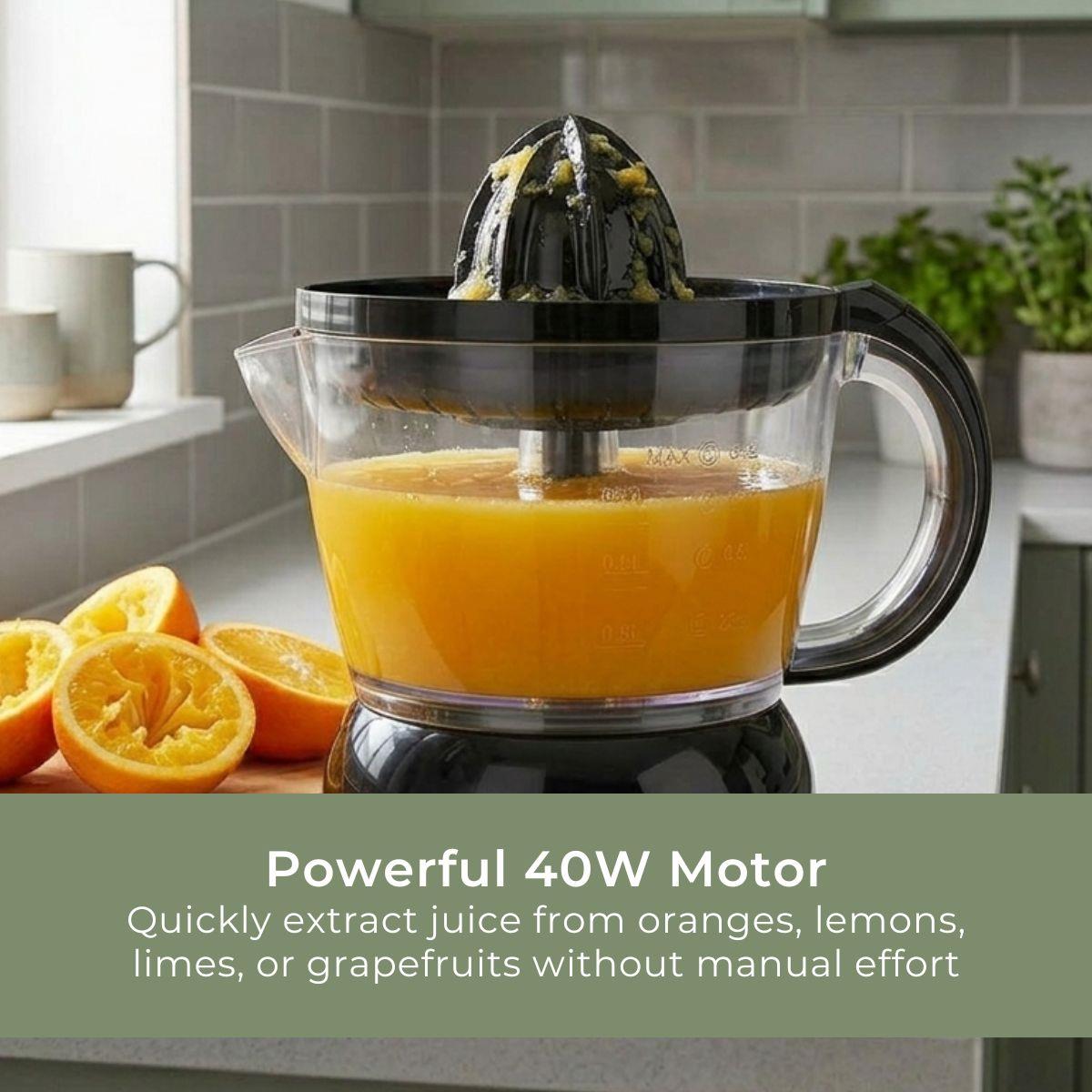 MELISSA 0.7L Electric Citrus Press Juicer Squeezer, 40W Motor, with Bi-Directional Twist, 2 x Interchangeable Cones, and Easy Pour Spout, for Lemon Grapefruit Orange Lime Juice Extractor - Black
