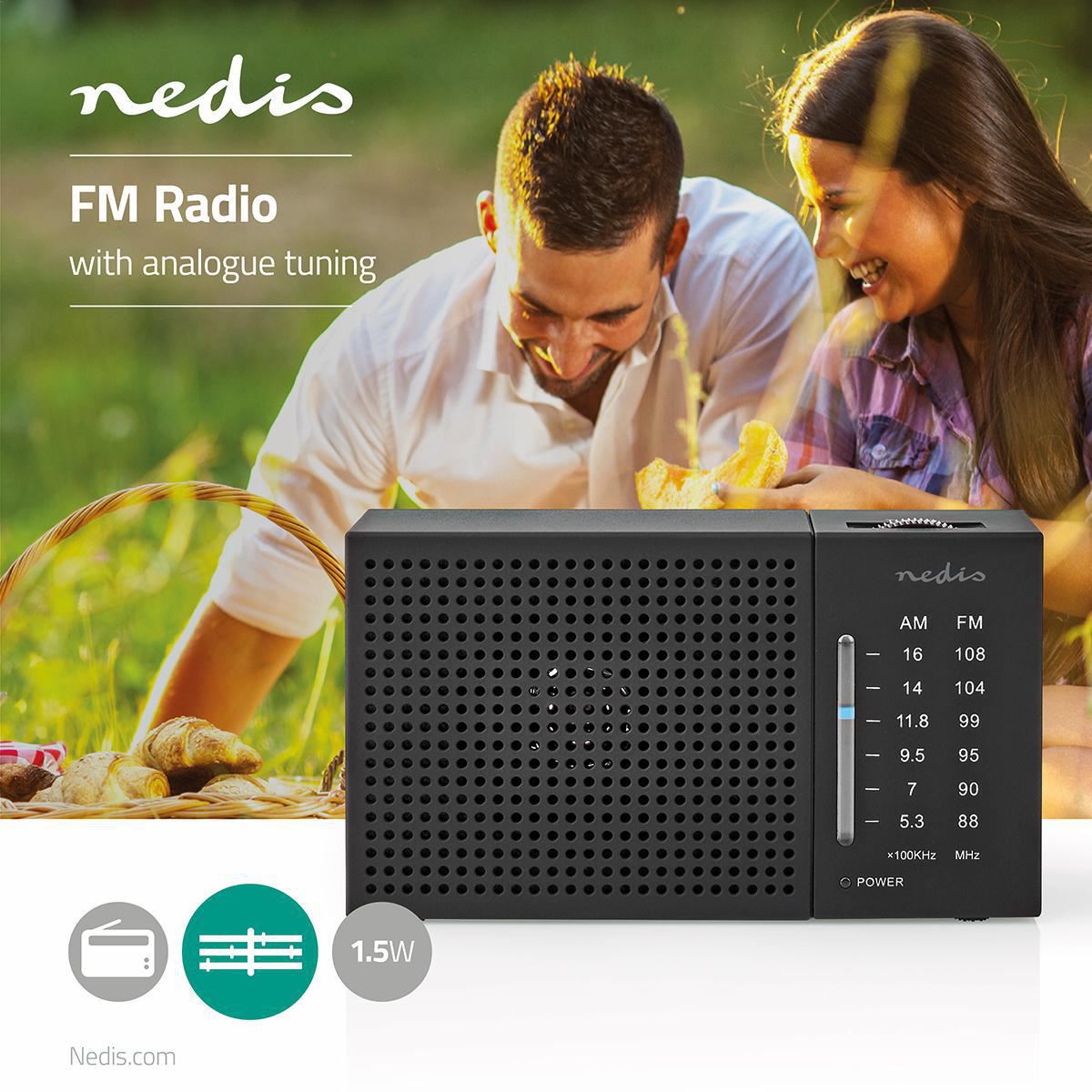 Nedis FM Radio | Portable Design | AM / FM | Battery Powered | Analogue | 1.5 W | Black White Screen | Headphone output | IP20 | Black