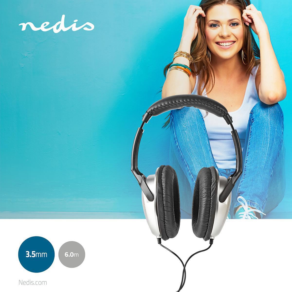 Nedis TV Hi-Fi Headphones Over Ear Stereo Long Lead 6m Cable With Volume Control - Black / Silver