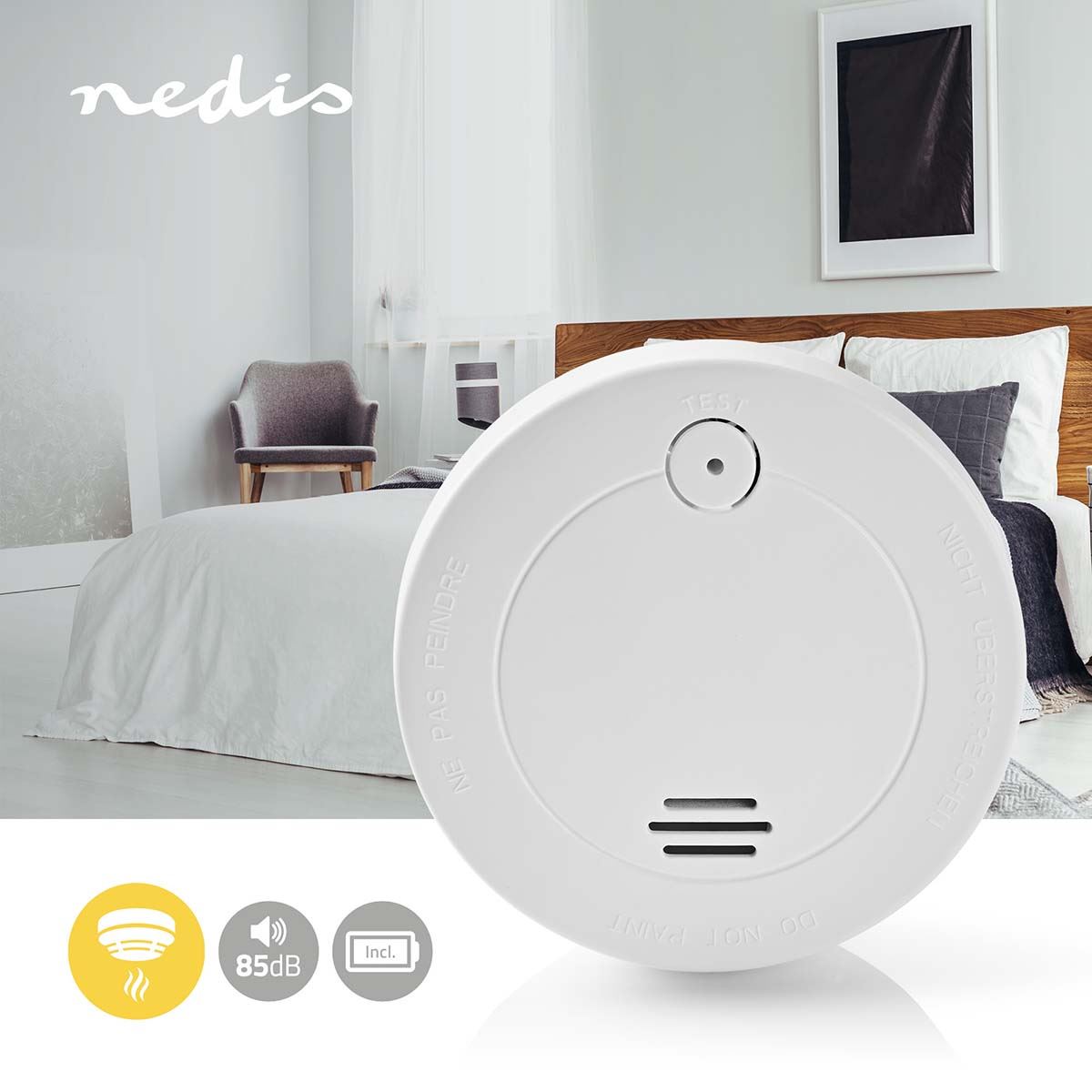 Nedis Smoke Detector Fire Alarm 85dB Siren EN14604 with Low Battery Alert