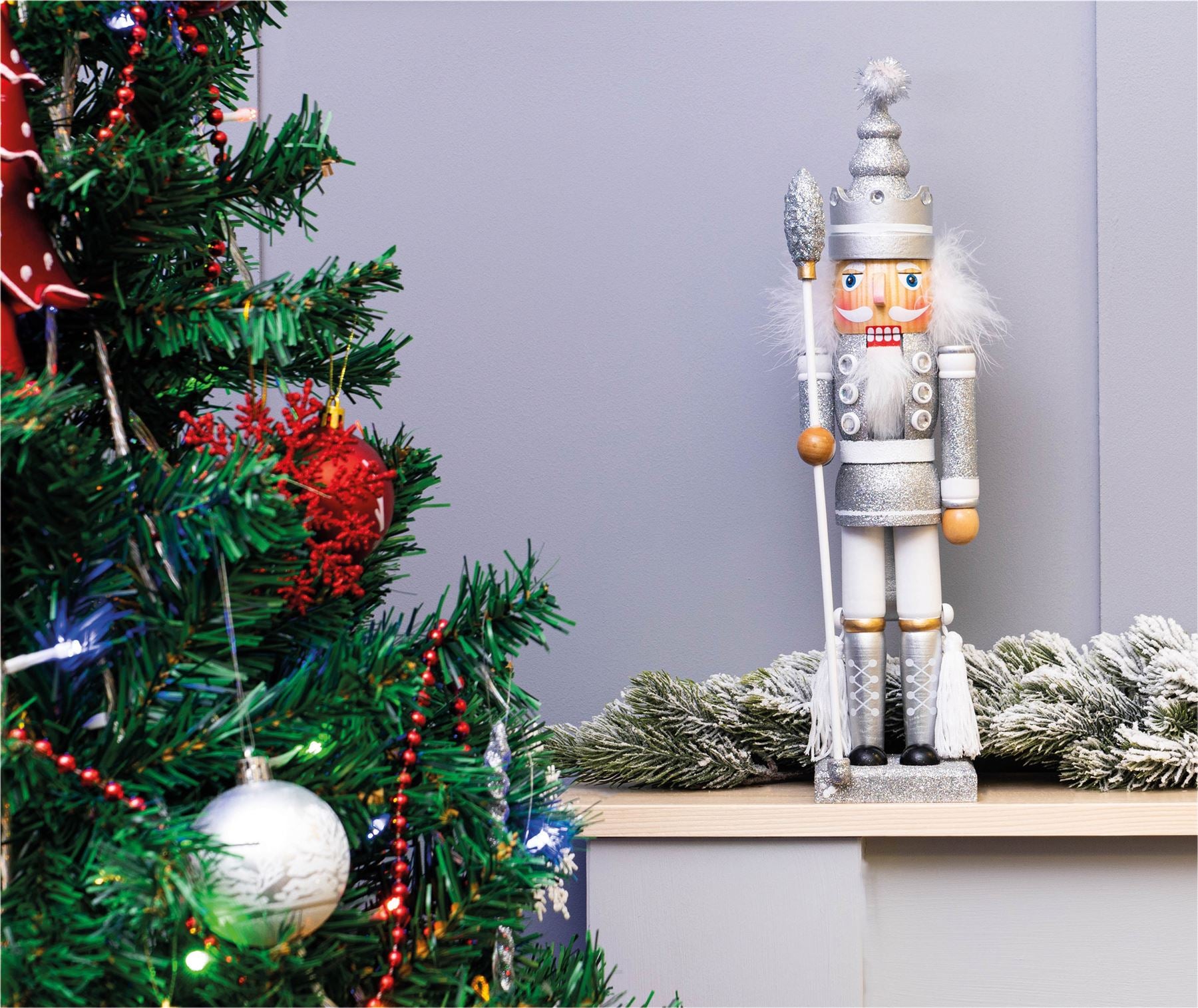 40cm Traditional Christmas Nutcracker Wooden Soldier Decoration Silver and White