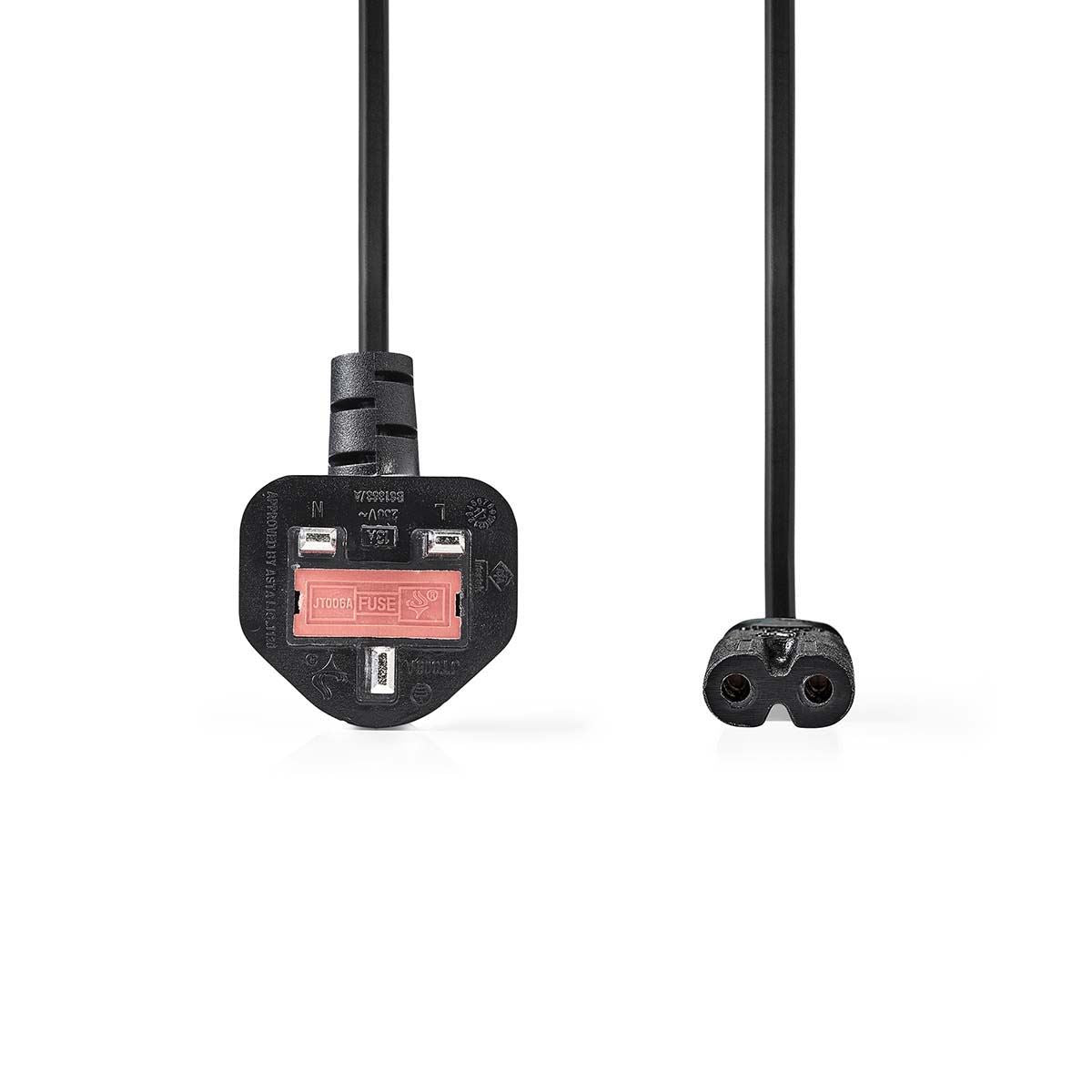 Nedis UK Power Cable | UK Male | IEC-320-C7 | 2.00 m | Yes | 2 x 0.75 mm² | Copper | Round | Nickel Plated | UK | PVC | Power plug: Type G | 250 V AC | 3 A | Black