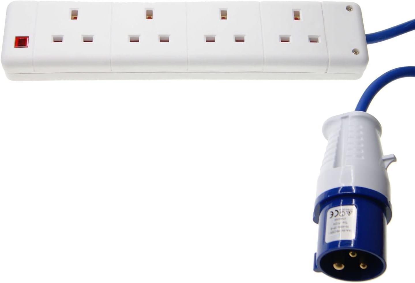 Ex-Pro 20m 16A to 13A Caravan Adapter, 4 Gang Socket Extension Lead, IEC 60309 Plug to UK 3 Pin Sockets with LED Indicator