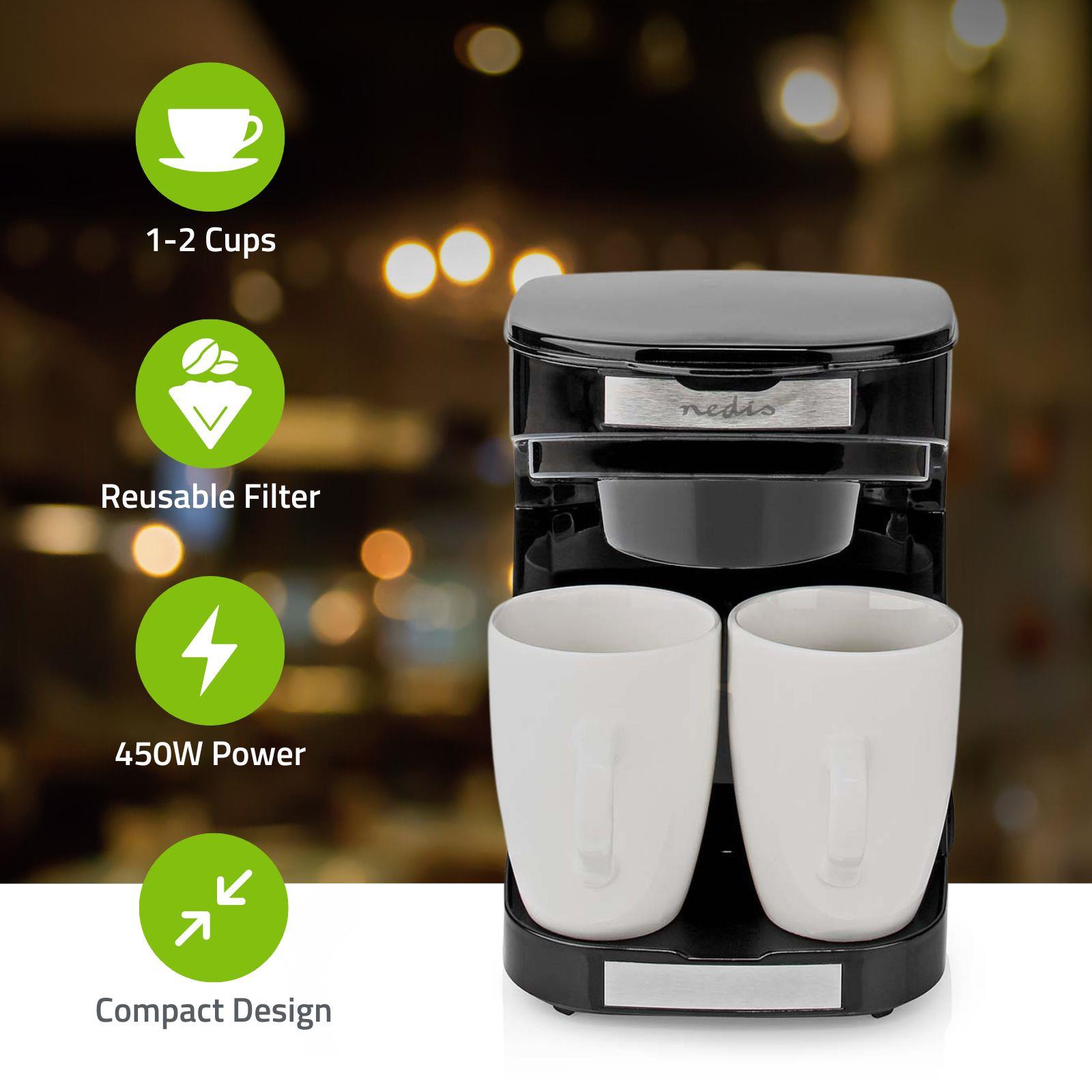 Nedis 2 Cup Coffee Maker 0.25L Easy to Use Nylon Reusable Filter with Cups - Black