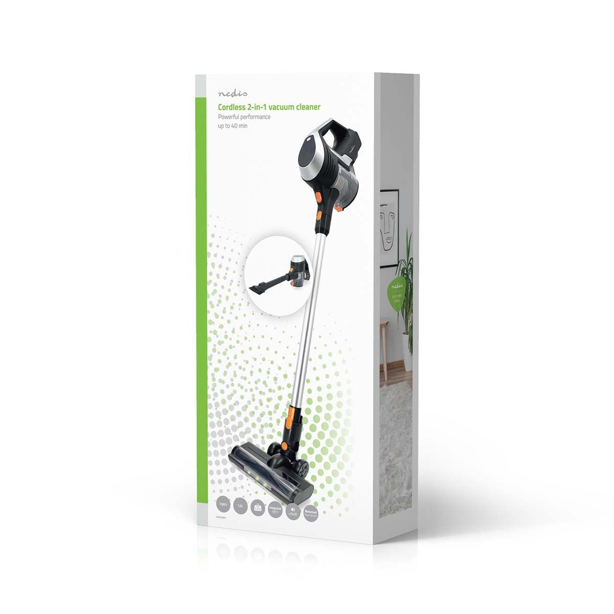 Nedis Stick Vacuum Cleaner | 130 W | 25.9 VAC | Motorized Brush with Integrated Lighting | 10000 Pa | HEPA air filter | Black / Orange