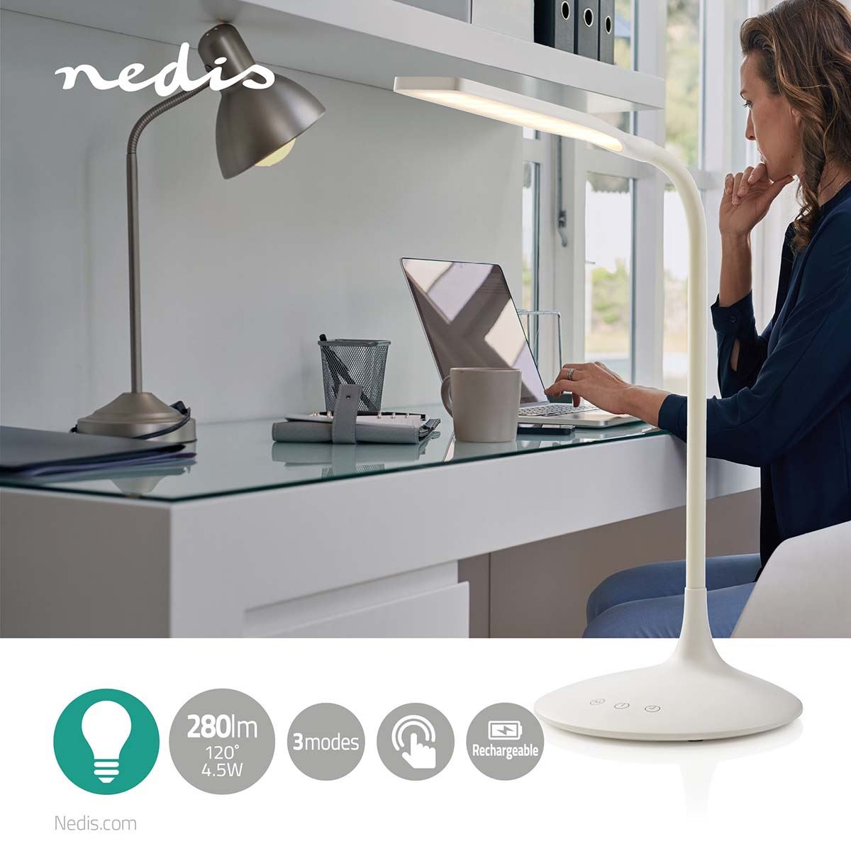 NEDIS Dimmable LED Table Lamp with Touch control and 3 Light modes, Rechargeable battery, 250 lm