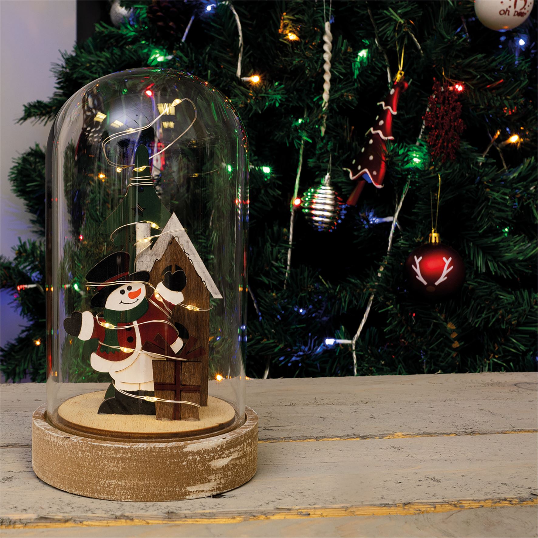 Light Up Cloche Snowman Christmas Scene with Glass Dome and Wire LED Lights Battery Powered