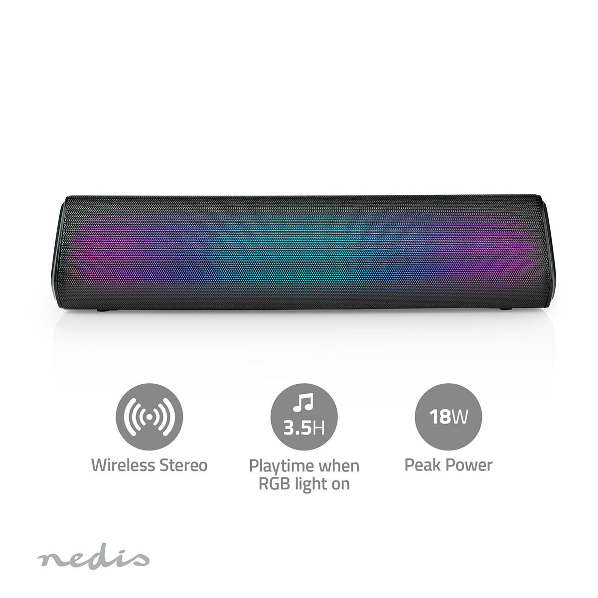 Nedis Bluetooth Speaker, 2.0 Channel 18W Wireless with RGB LED, Tilted Table Design, TWS, Built-In Mic, USB-C, Aux-In, 6-Hour Battery, Lightweight & Portable � Black