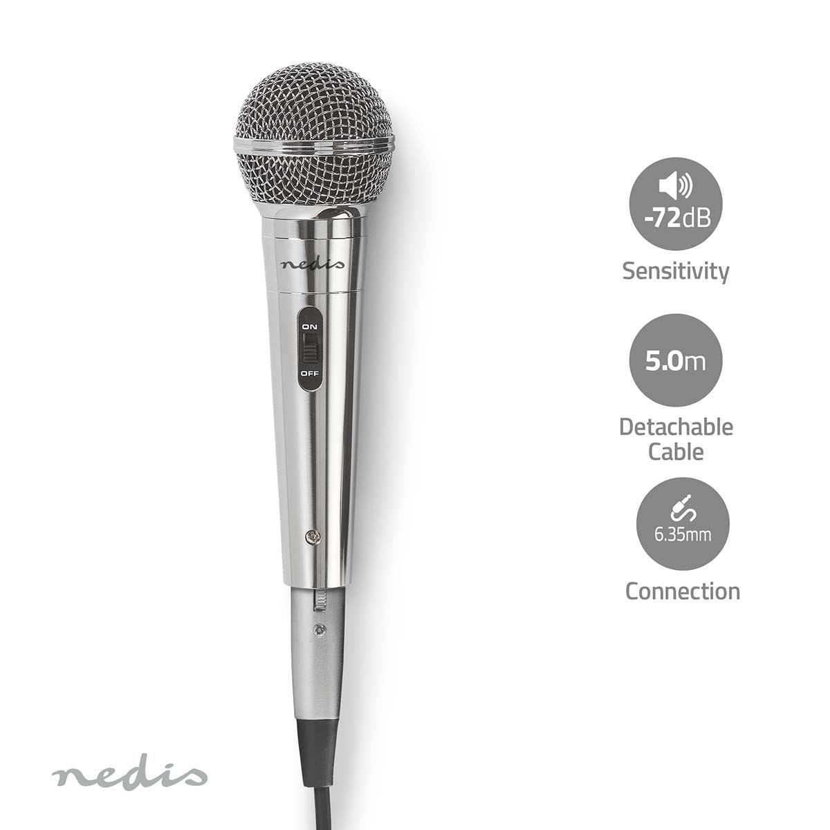 Nedis Uni-Directional Wired 6.5mmm Dynamic Microphone, On/Off, sensitivity 72dB +/- 3dB, 80Hz-13kHz, Wired 5m - Metal Silver