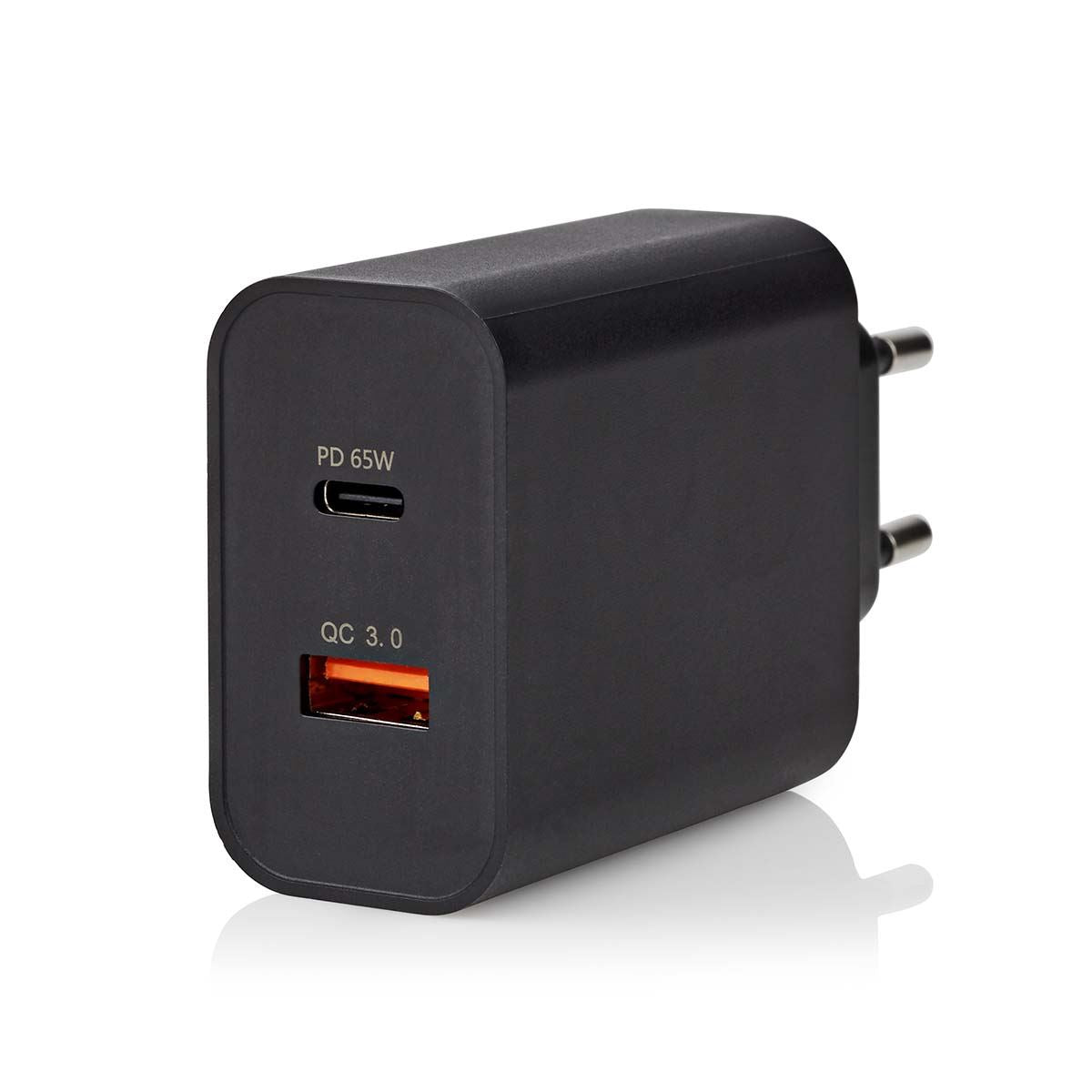 Nedis EU Euro Travel Wall Charger| 65 W | Quick charge feature | 2.0 / 2.25 / 3.25 A | Number of outputs: 2 | USB-A / USB-C™ | Automatic Voltage Selection | Black