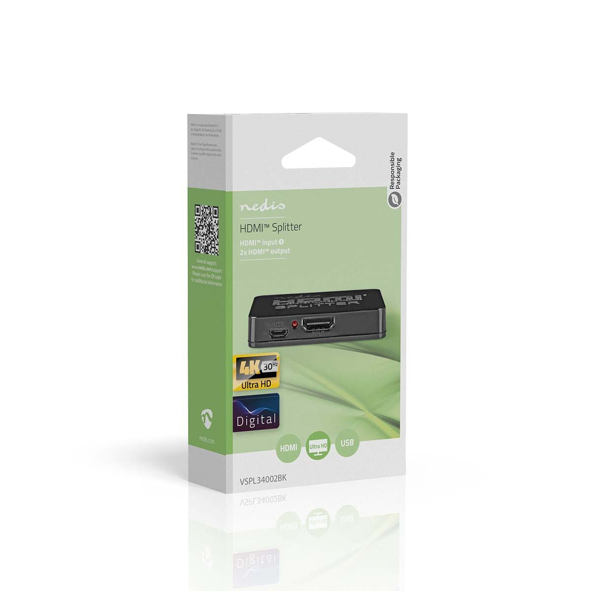 Nedis HDMI™ Splitter | 2 port(s) | HDMI™ Input | 2x HDMI™ Output | 4K@30Hz | 2.25 Gbps | ABS / PVC | Black