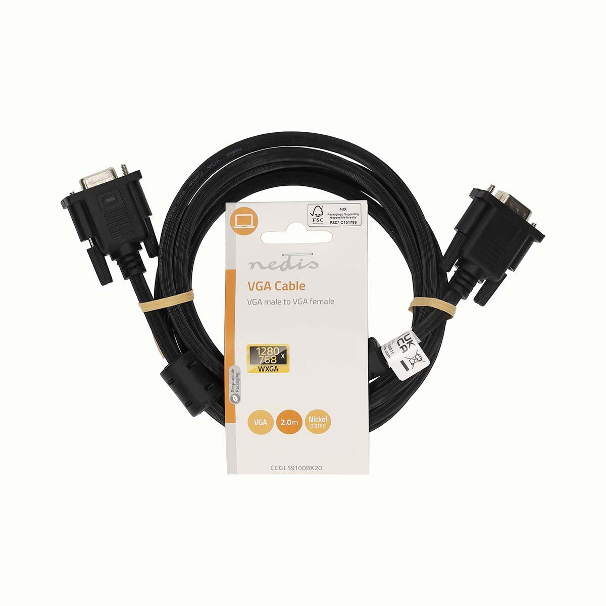 Nedis VGA Cable | VGA Male | VGA Female | Nickel Plated | Maximum resolution: 1280x800 | 2.00 m | Round | ABS | Black | Label
