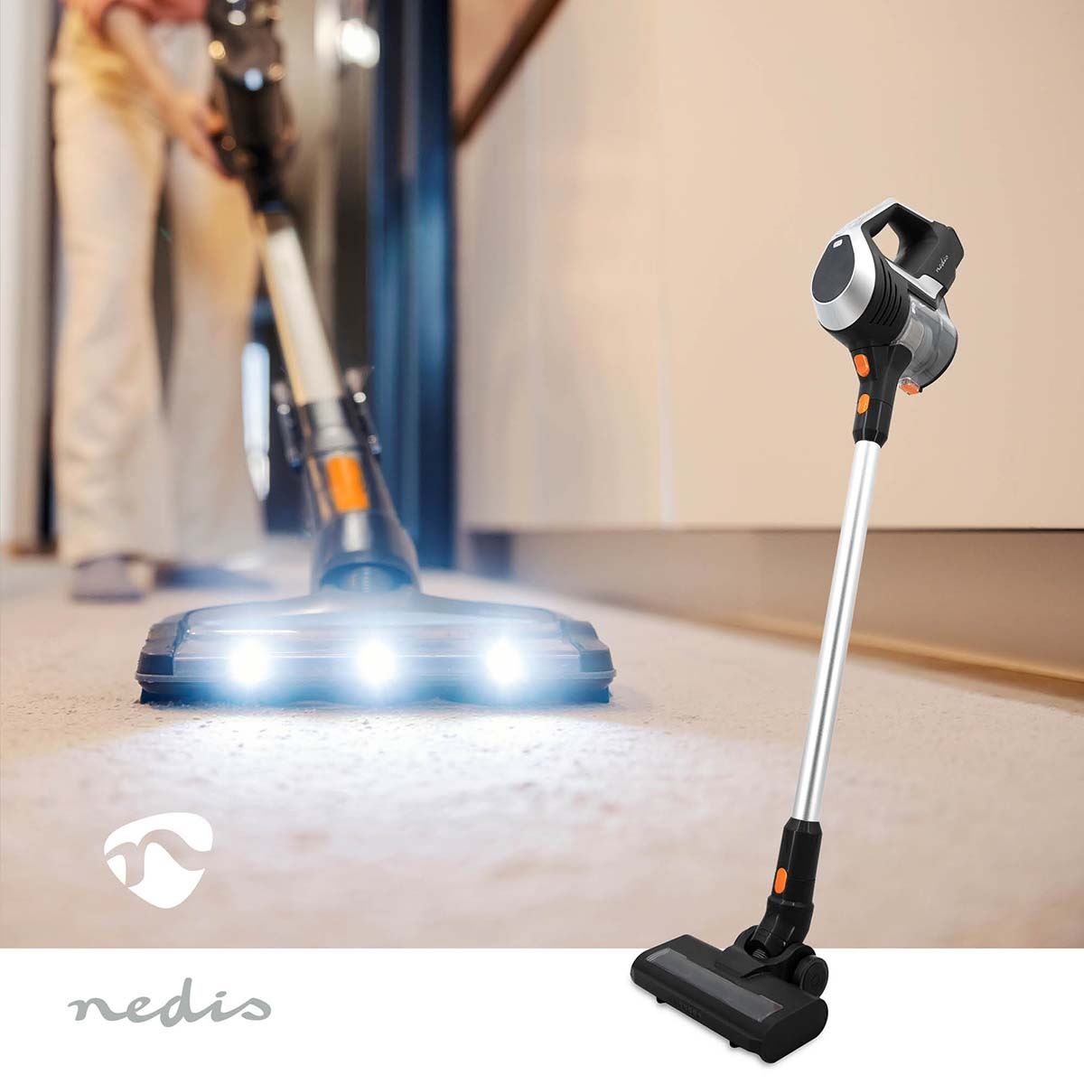 Nedis Stick Vacuum Cleaner | 130 W | 25.9 VAC | Motorized Brush with Integrated Lighting | 10000 Pa | HEPA air filter | Black / Orange