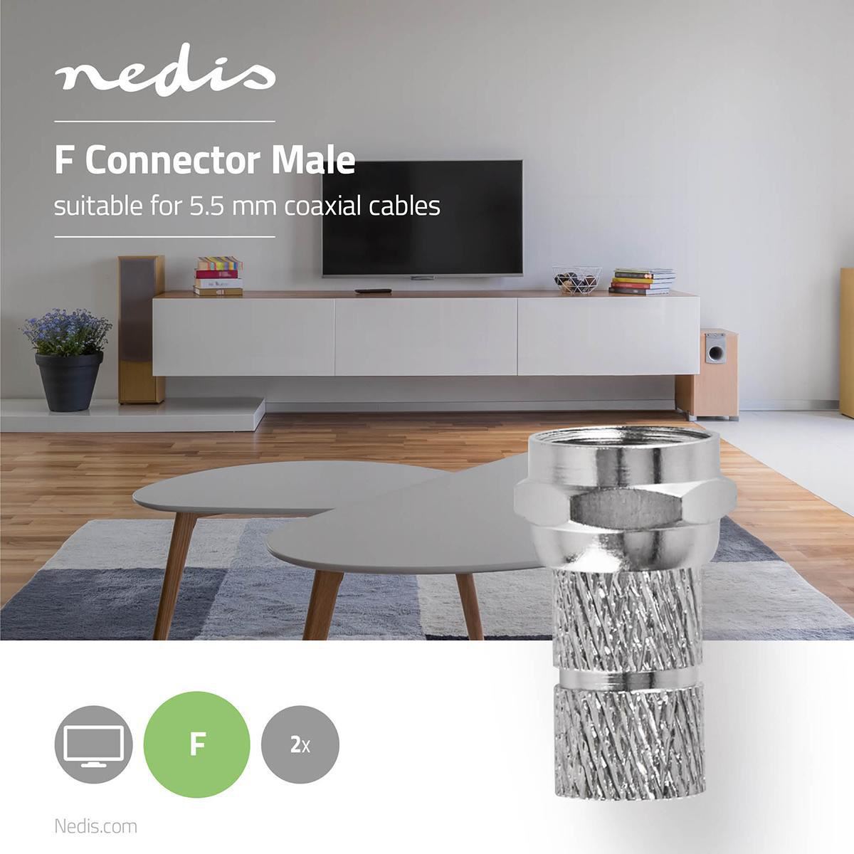 Nedis F-Connector | Straight | Male | Gold Plated | 75 Ohm | Twist-on | Cable input diameter: 5.5 mm | Copper | Metal | 2 pcs | Window Box