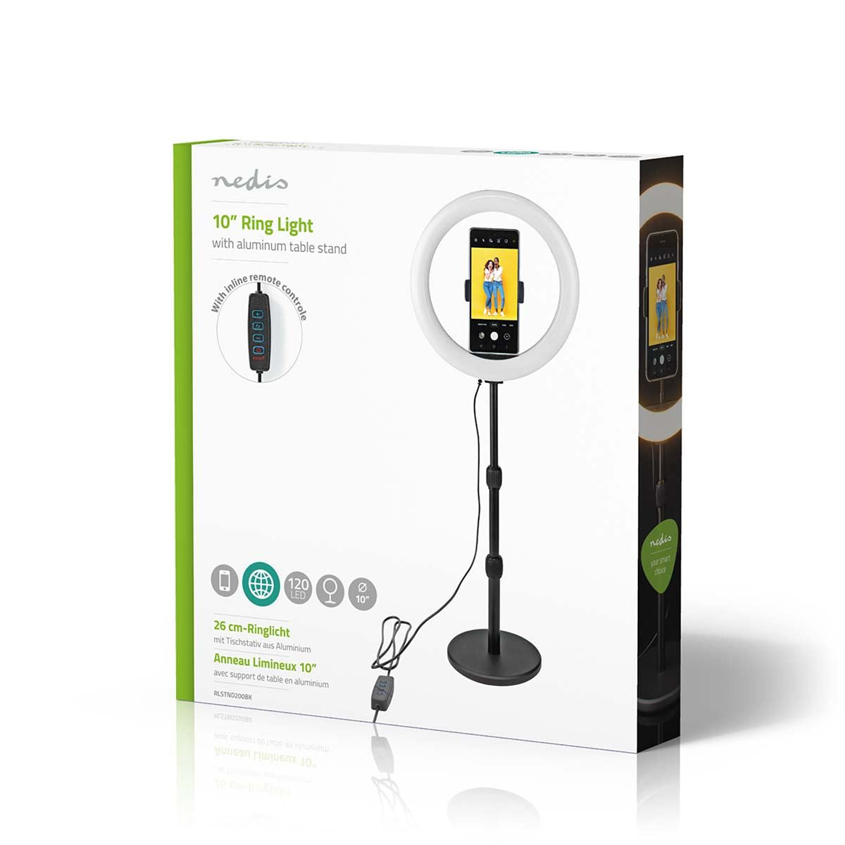 Nedis Ring Light, 10" LED Ring Lamp with 120 LEDs on Aluminium Table Stand, USB Powered, with Flexible Phone Holder, 10 Light Modes