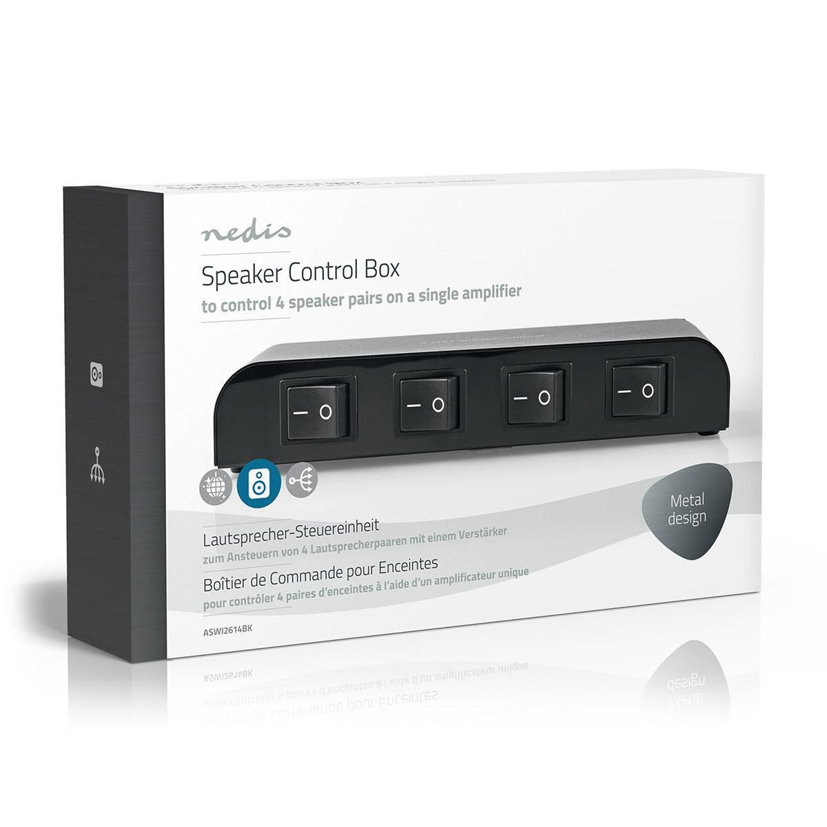 Nedis Speaker Control Switchbox | 4 port(s) | Terminal Screws | Speaker impedance: 4-16 Ohm | Maximum load per channel: 200 W | Aluminium | Black