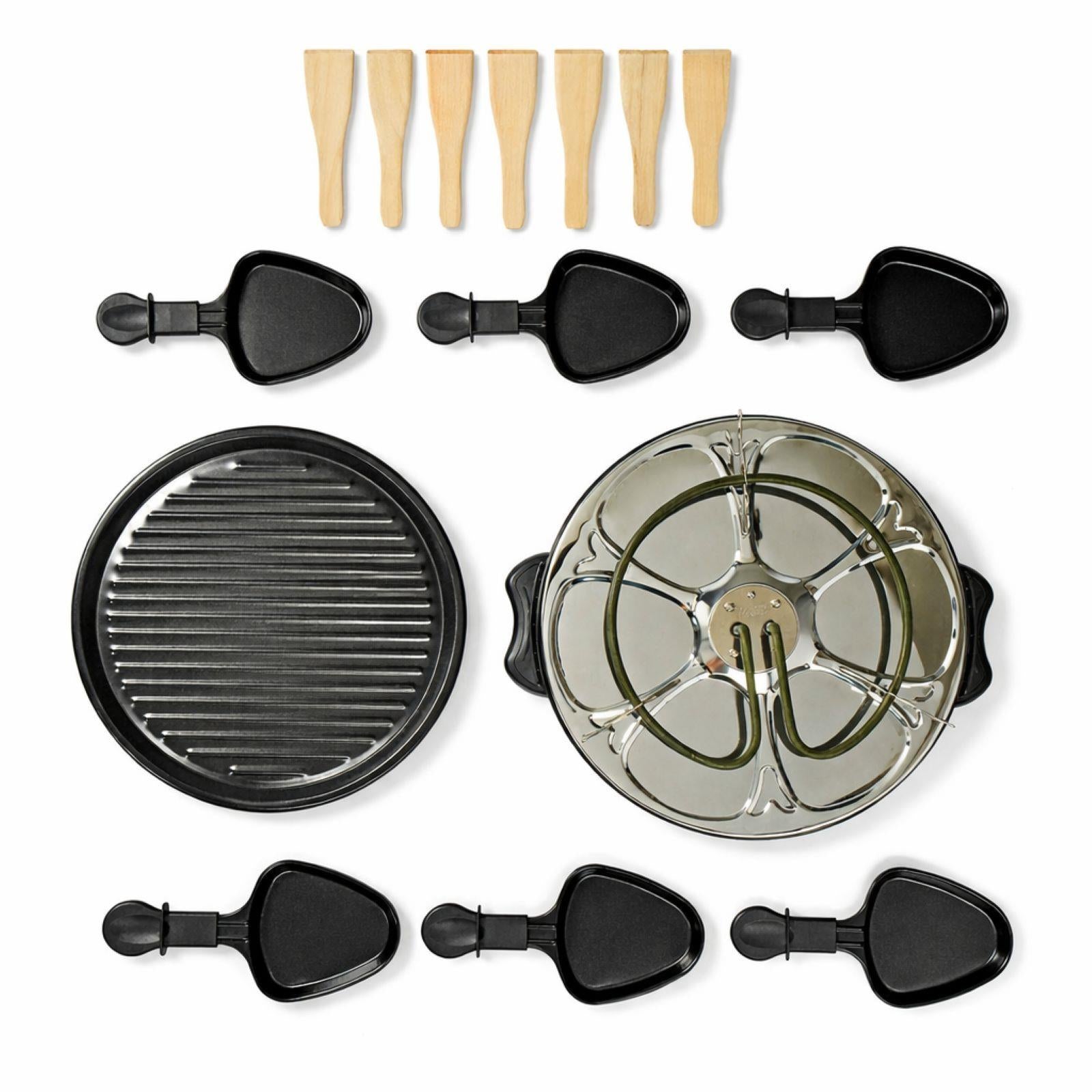MELISSA Electric Raclette Gourmet Grill, 6 Person Indoor Non-Stick Tabletop Cooker, Removable Round Hot Plate, with 6 x Mini Cheese Pans & Spatulas, 800W