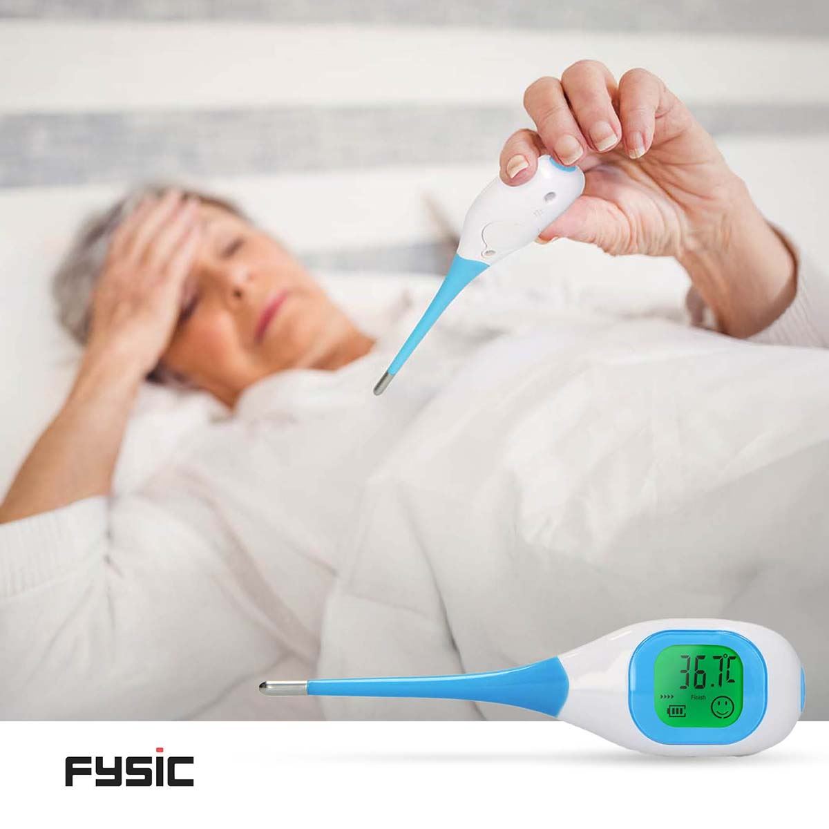 Fysic Digital Colour LCD Thermometer, Medical Oral, Under Arm, Baby & Adult Thermometer, Fast & Accurate Reading, Visual Warnings with Case - Blue