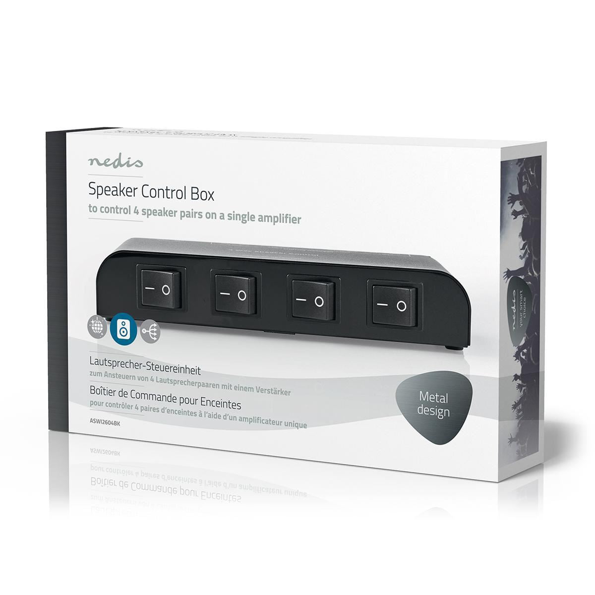 Nedis Speaker Control Switchbox | 4 port(s) | Terminal Clamps | Speaker impedance: 4-16 Ohm | Maximum load per channel: 200 W | Aluminium | Black