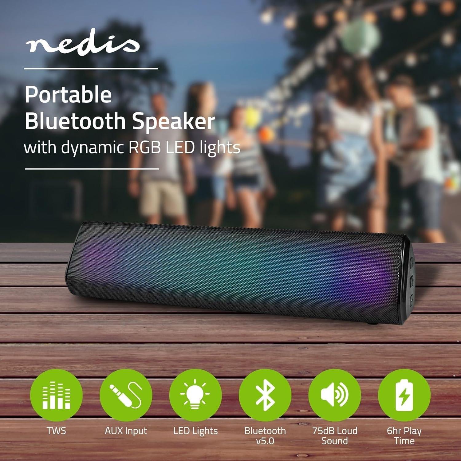 Nedis Bluetooth Speaker, 2.0 Channel 18W Wireless with RGB LED, Tilted Table Design, TWS, Built-In Mic, USB-C, Aux-In, 6-Hour Battery, Lightweight & Portable � Black