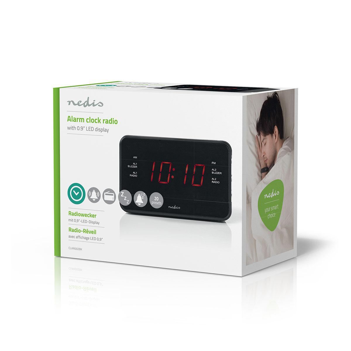 Nedis Digital Alarm Clock Radio | LED | 3.5mm Aux Input | AM / FM | Snooze function | Sleep timer | 2 Alarms | Black