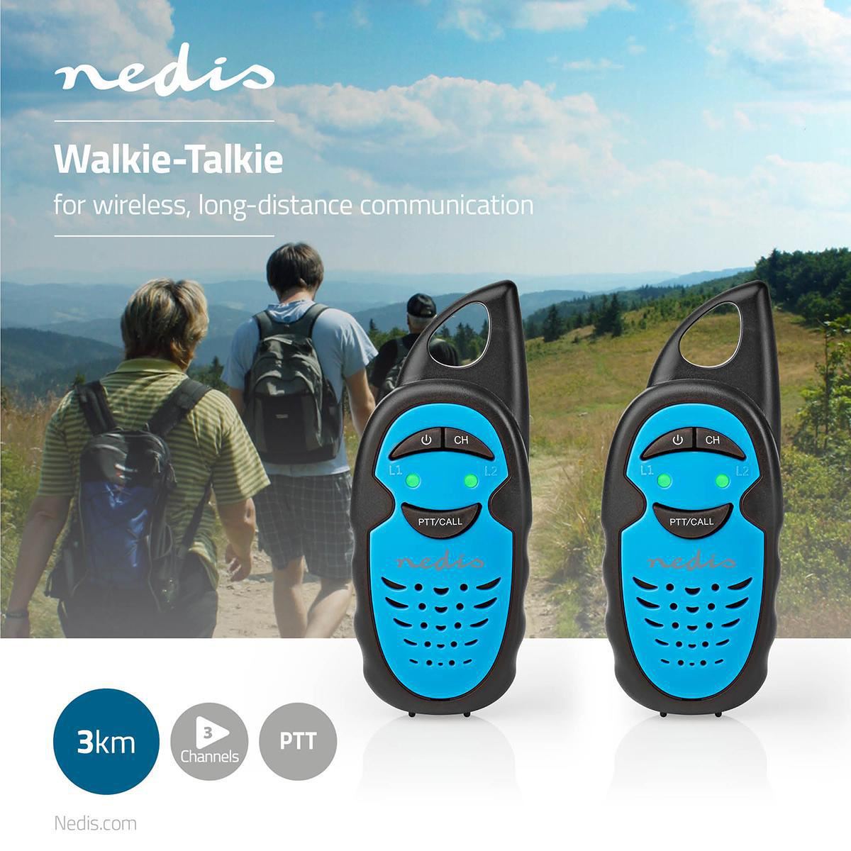 Nedis Walkie Talkies for Adults Long Range Two Way Radios - PMR Walky Talky PTT VOX Easy to Use 3 Ch | 3km | 3 Hour | Black / Blue