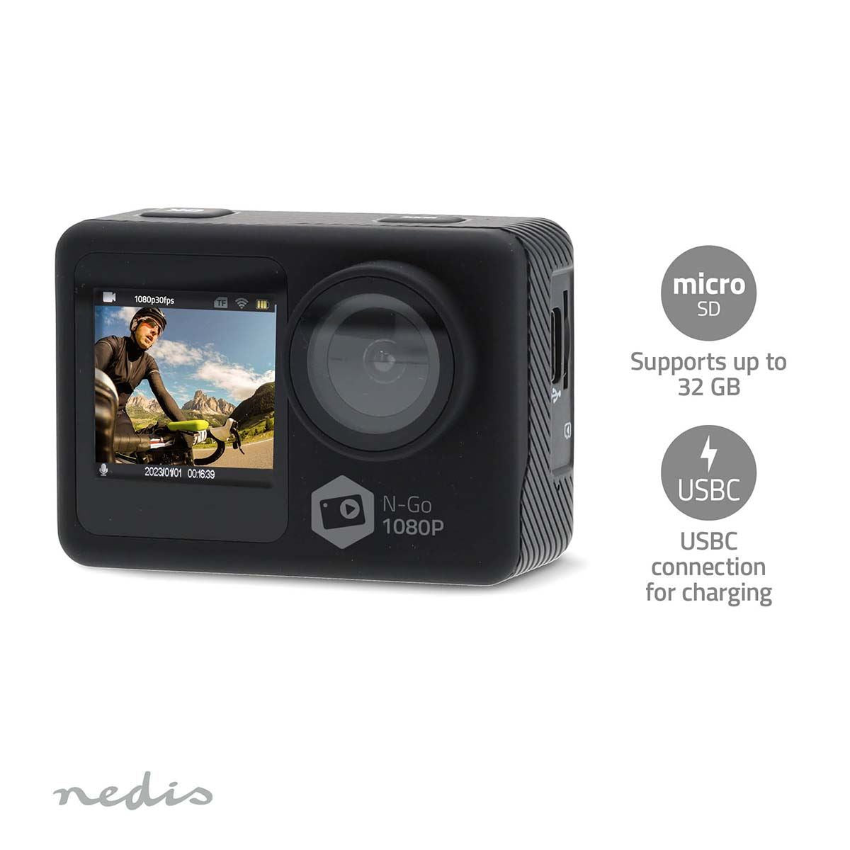Nedis Dual Screen Wi-Fi Action Cam, 1080p 30fps HD Video, 12MP Photos, 2" TFT Back Screen 1.3" Front Screen, Waterproof 30m, Burst Mode, Loop Recording