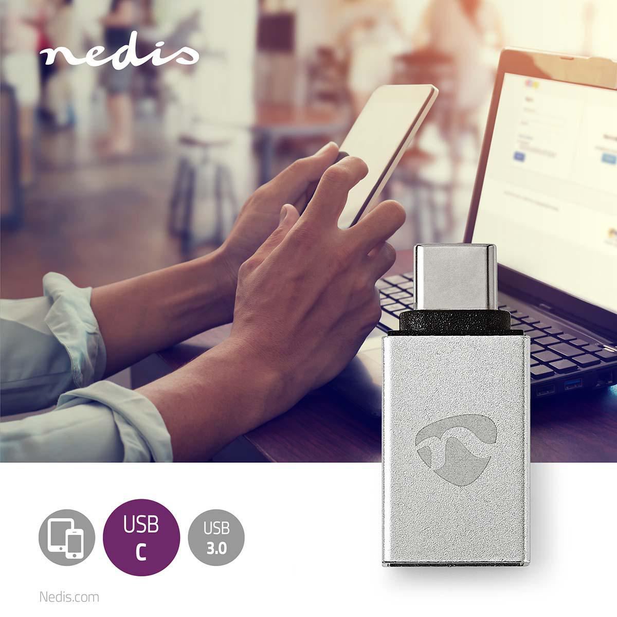 Nedis USB-C™ Adapter | USB 3.2 Gen 1 | USB-C™ Male | USB-A Female | 5 Gbps | Round | Nickel Plated | Silver | Cover Window Box