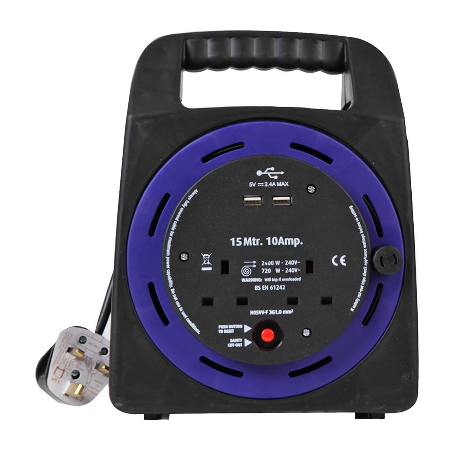 2 Gang 15m Mains Extension Socket Lead Cassette Reel with USB, 10A