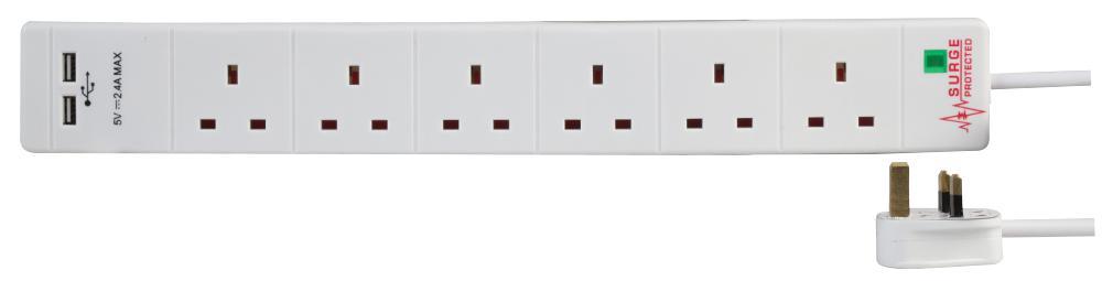 6 Gang 2m Mains Extension Lead Socket Surge Protected 13A with USB Charge Ports - White
