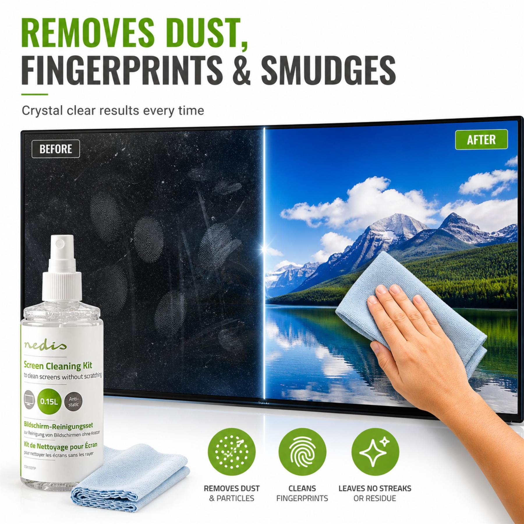 Nedis Screen Cleaner Kit, Anti-Static and Alcohol-Free Cleaning Spray and Microfibre Cloth - 150ml Spray