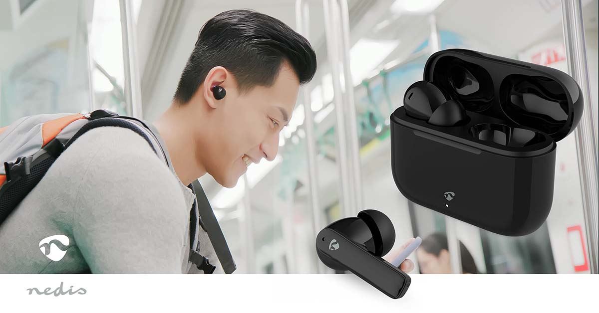 Nedis Fully Wireless Earphones Bluetooth, 5.2 ENC Noise Cancelling, In-Ear Headphones, 24H Playtime, Charging Case - Black
