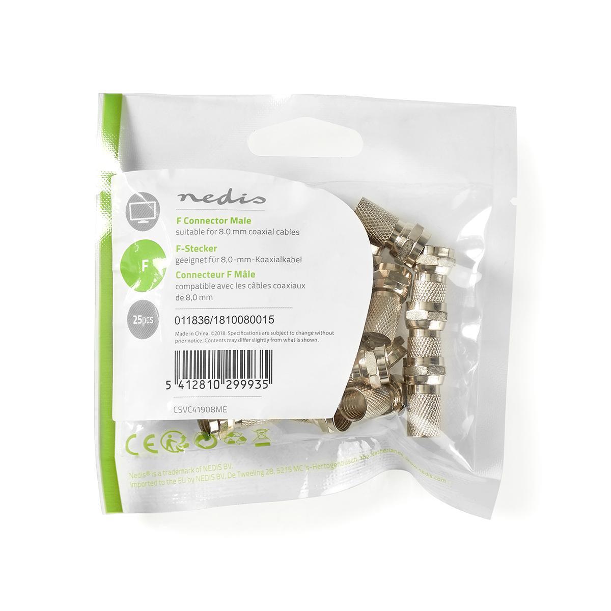 Nedis F-Connector | Straight | Male | Nickel Plated | 75 Ohm | Twist-on | Cable input diameter: 7.5 mm | Zinc Alloy | Silver | 25 pcs | Polybag