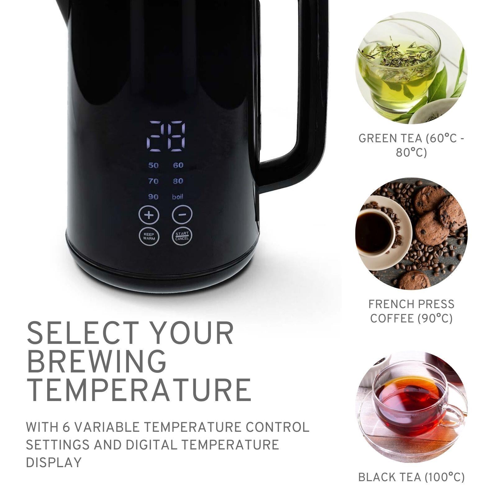 Nedis Electric Kettle 1.7L, Digital Temp Control 50-100oC, Keep Warm Function, 360 Degree Cordless Base, Black