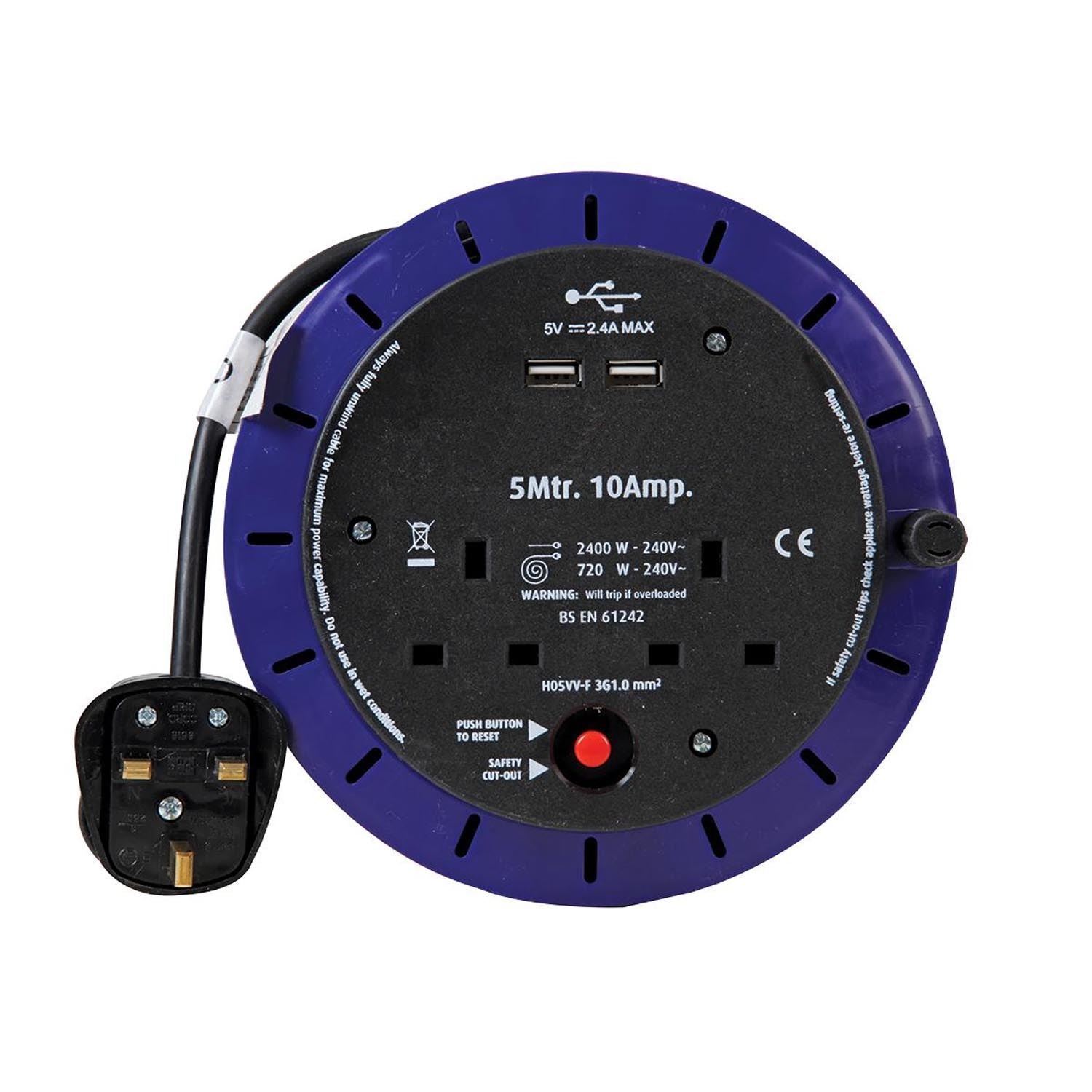 2 Gang 5m Mains Extension Socket Lead Cassette Reel with USB, 10A