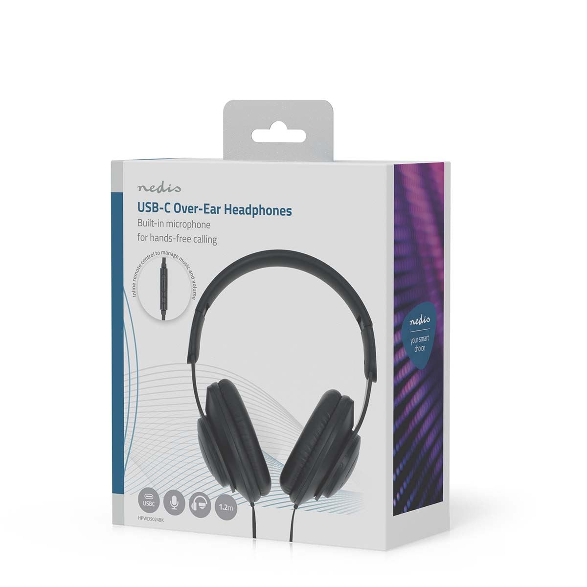 Nedis Wired Over-Ear Headphones with USB-C Connector, Extra-Soft Earcups for Comfort, Swivel Foldable Design for Travel, Adjustable Headband, Built-In Microphone, Inline Remote Control - Black