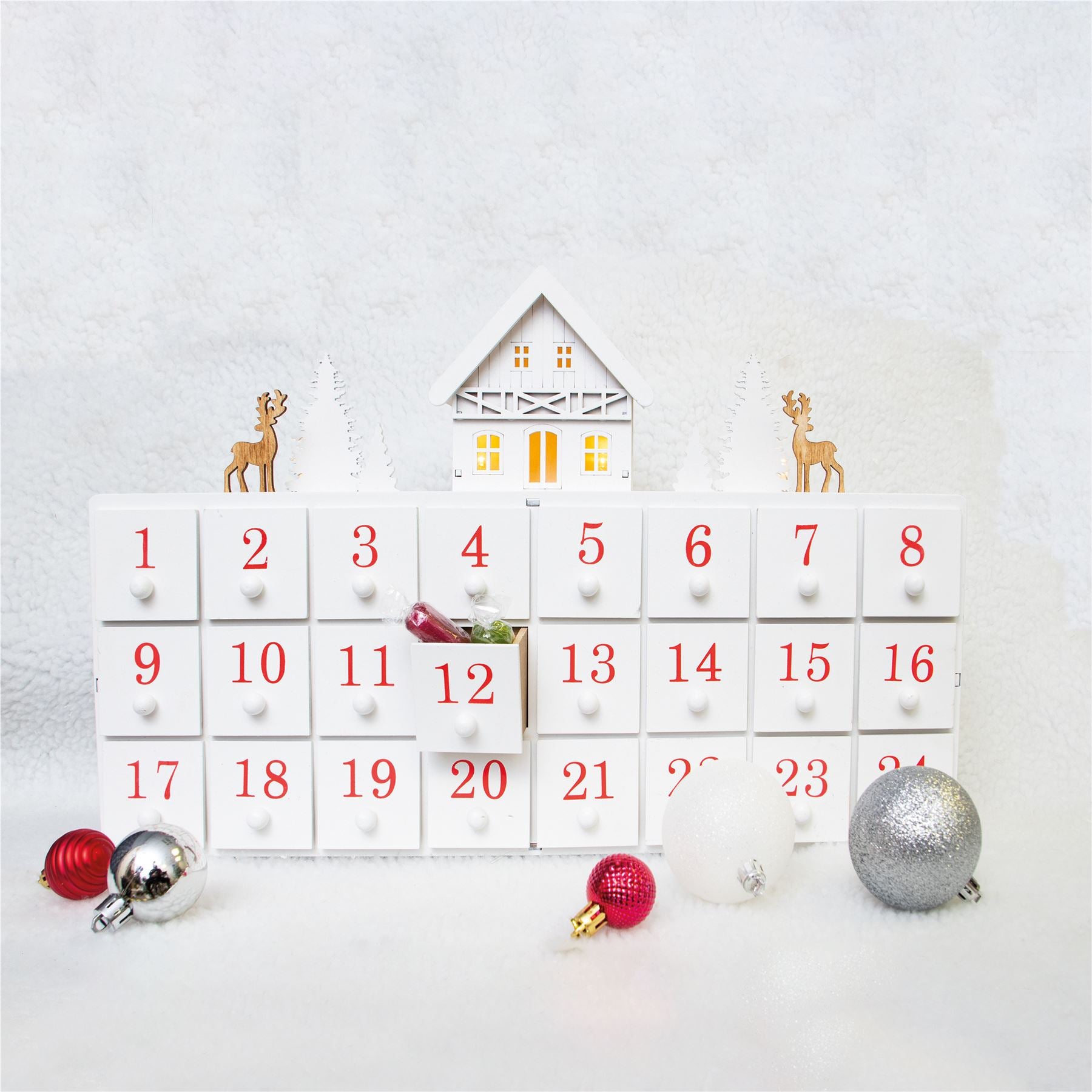 Festive Wooden Christmas Advent Calendar with 24 Individual Drawers and LED Lights - White Reindeer Scene
