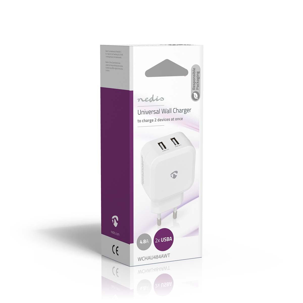 Nedis EU Euro Travel Wall Charger | 24 W | Quick charge feature | 2x 2.4 A | Number of outputs: 2 | 2x USB-A | No Cable Included | Single Voltage Output | White