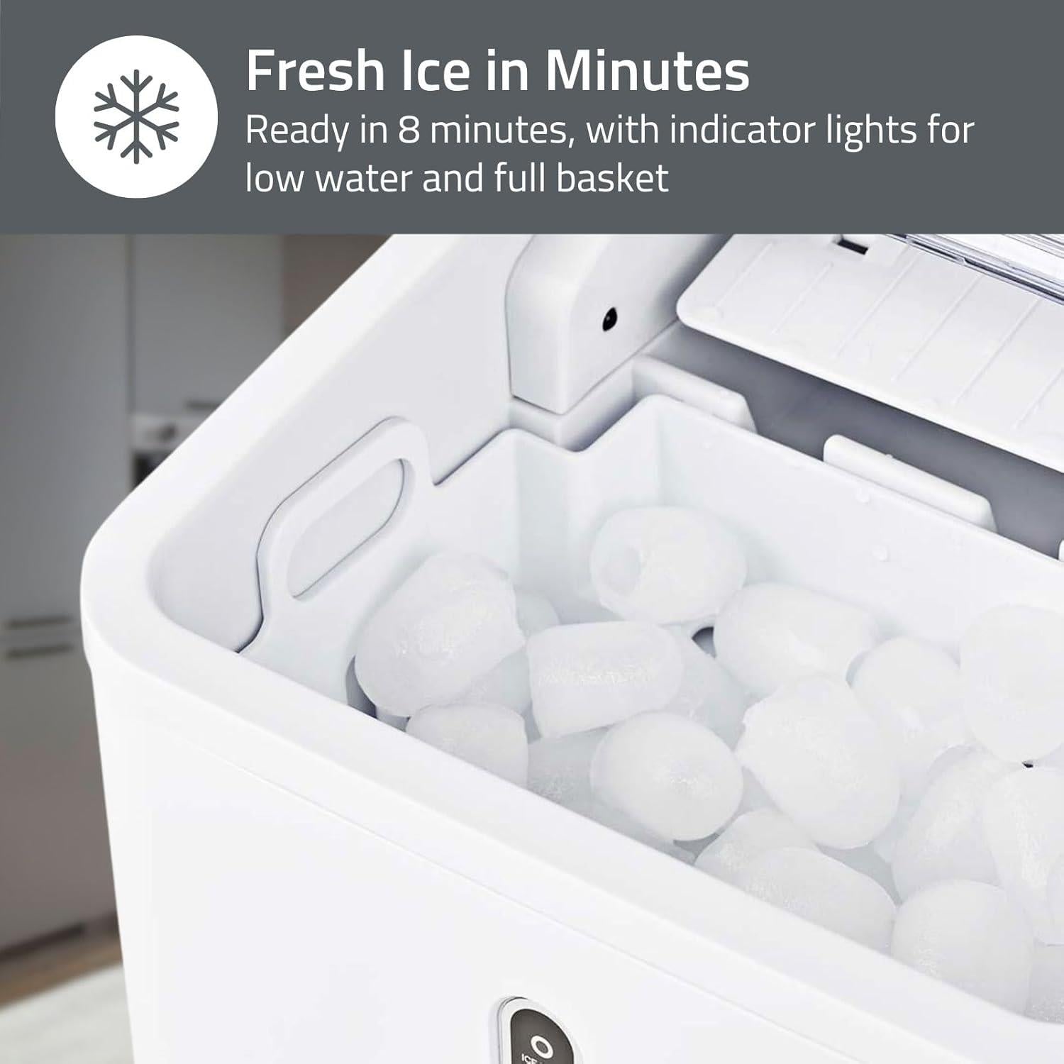 Nedis Ice Maker, Countertop Machine With 1.6L Tank, Up to 12 kg of Ice in 24hrs, Includes Removable Basket, Produces Ice Cubes in 8 Minutes - White