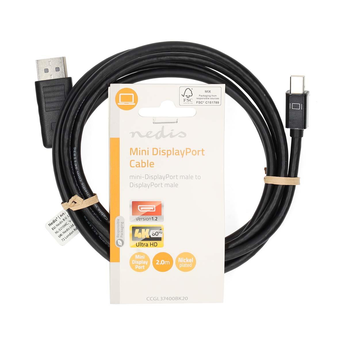 Nedis Mini DisplayPort Cable | DisplayPort 1.2 | Mini DisplayPort Male | DisplayPort Male | 21.6 Gbps | Nickel Plated | 2.00 m | Round | PVC | Black | Label