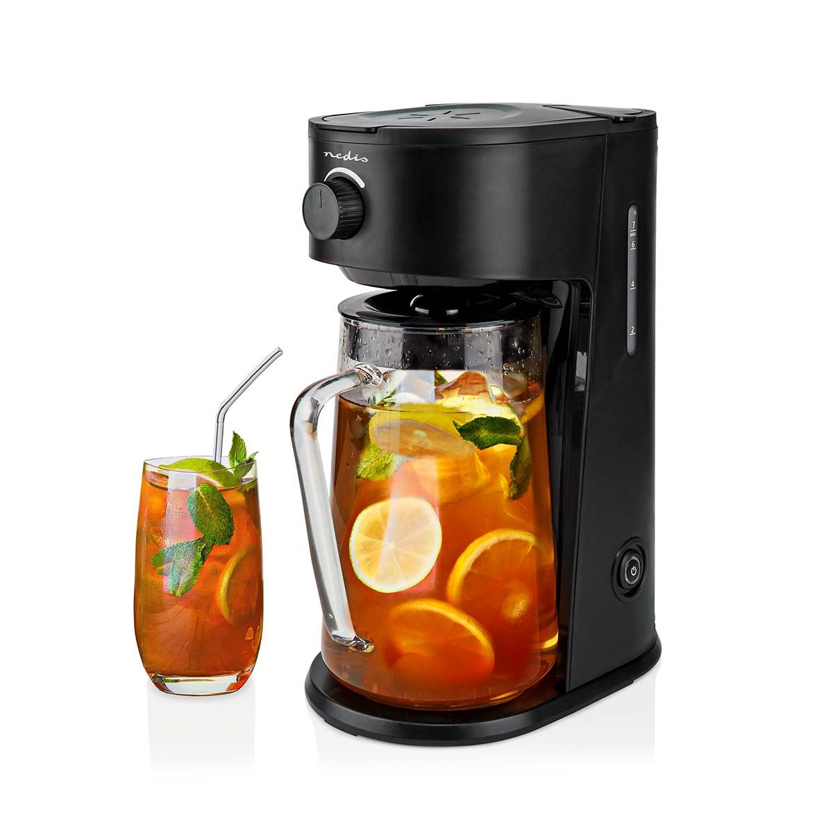 Nedis Ice Tea and Iced Coffee Maker - Hot & Cold Brewing with 2.5L Pitcher, 700W Power, Adjustable Strength Dial, Pod-Free Brewing, Dishwasher-Safe, Black