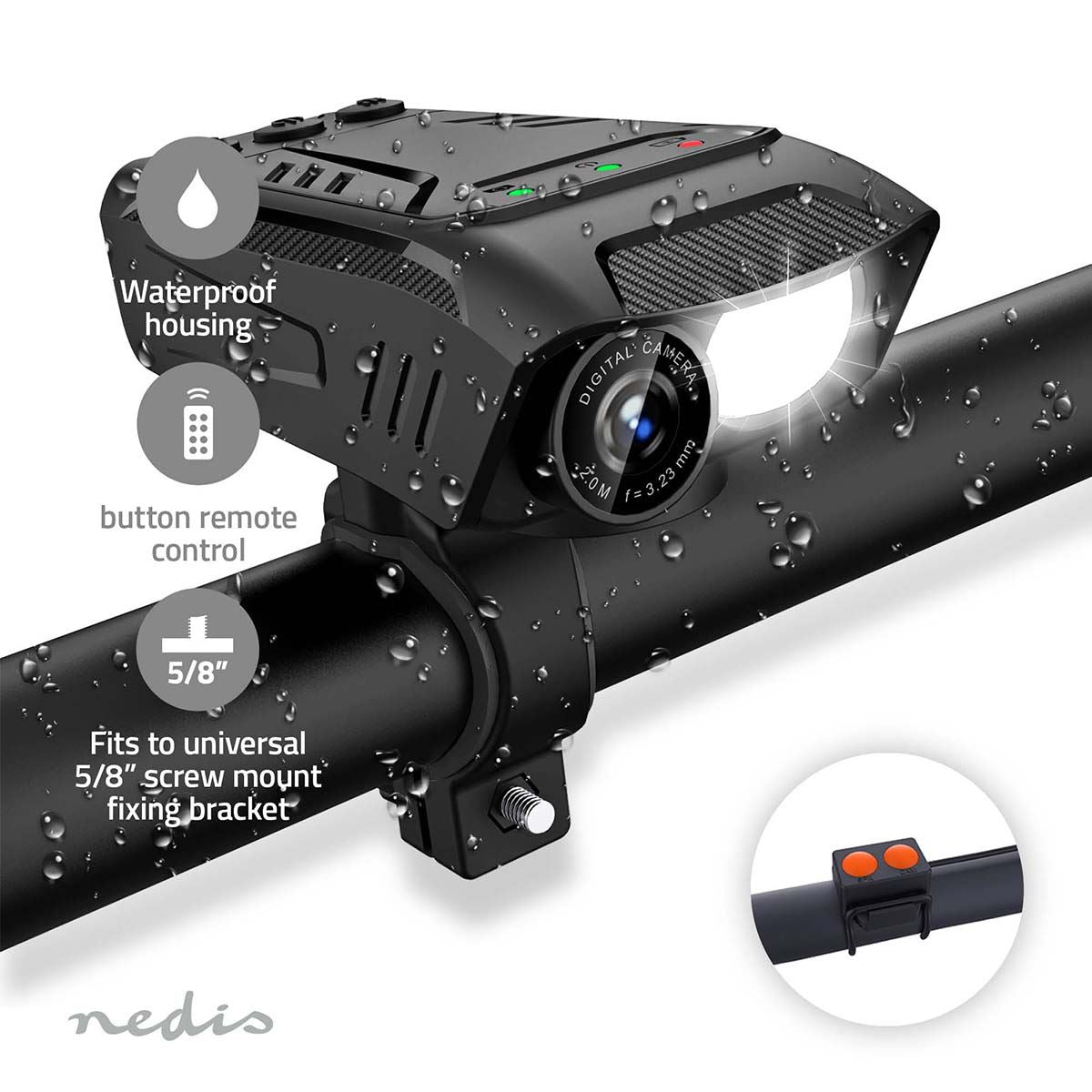 Nedis 3-in-1 Full HD Cycling Camera with Bike LED Head Light & Horn, 1080p 2MP, 600lm Night Mode, Waterproof, USB-C, 10hr Battery, MicroSD Slot � Black