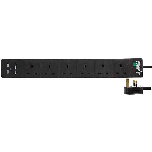 6 Gang 2m Mains Extension Lead Socket Surge Protected 13A with USB Charge Ports - Black